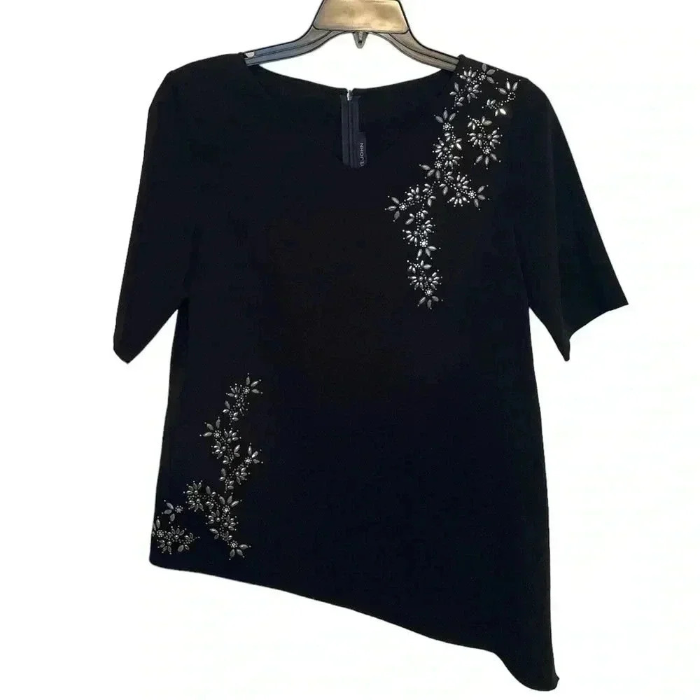 EUC St John Black asymmetrical top  with silver beading sz S